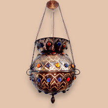 Load image into Gallery viewer, BR34 Handmade Vintage Islamic MISHKAH Brass Hanging Lamp Jeweled Hearts Pattern