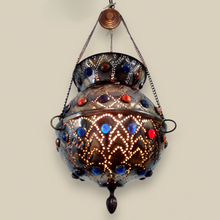 Load image into Gallery viewer, BR34 Handmade Vintage Islamic MISHKAH Brass Hanging Lamp Jeweled Hearts Pattern