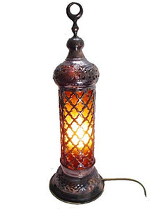 BR53 Cast Brass Handmade Net Table Lamp with Amber Glass Shade