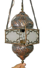 Load image into Gallery viewer, BR93W Vintage Reproduction Egyptian Hanging Brass Lamp/Lantern with White Glass