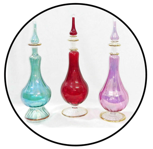 LW13 Large Pyrex Purple RED Turquoise Ribbed Glass Egyptian Perfume Bottle LOT