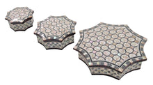 Load image into Gallery viewer, J77 Gorgeous Mother of Pearl Mosaic Egyptian Brown Jewelry Boxes Set of Three