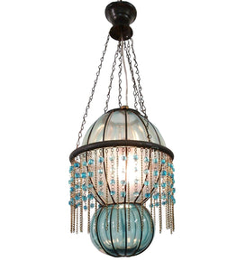 B290 Mouth-Blown Turquoise Glass Wrought Iron Beaded Chandelier Hanging Lamp