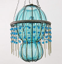 Load image into Gallery viewer, B290 Mouth-Blown Turquoise Glass Wrought Iron Beaded Chandelier Hanging Lamp