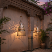 Load image into Gallery viewer, BR75 Pair of Antique-Style Brass Pendant Lamps Hand-Etched Jeweled Glass Stones