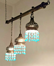 Load image into Gallery viewer, BR134 Three in One Stepped Lampshade on Monorail Chandelier with Aqua Blue Beads