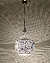 Load image into Gallery viewer, BR425 Silver Plated Tin Filigrain Oriental Hanging Cone Pierced LED Lampshade