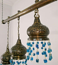 Load image into Gallery viewer, BR134 Three in One Stepped Lampshade on Monorail Chandelier with Aqua Blue Beads