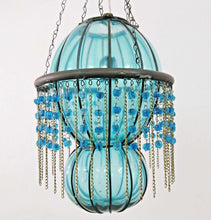 Load image into Gallery viewer, B290 Mouth-Blown Turquoise Glass Wrought Iron Beaded Chandelier Hanging Lamp