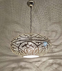 BR418 XL Large Round Pie Tin Moroccan Silver Lampshade Hanging Lamp