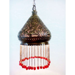 BR338 Elegant Pierced Brass Pendant Oriental Lampshade RED Beads