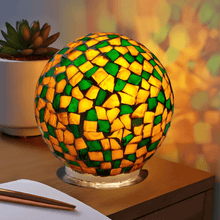 Load image into Gallery viewer, AA49 Handcrafted Mosaic Glass Table Lamp – 6" Ball-Shaped Night Light in Green &amp; Amber