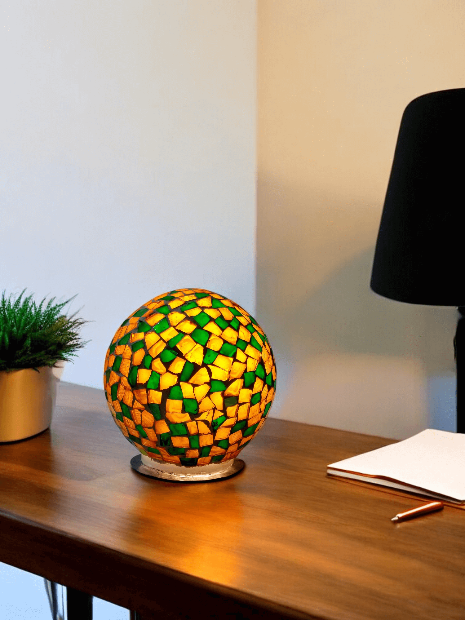 AA49 Handcrafted Mosaic Glass Table Lamp – 6" Ball-Shaped Night Light in Green & Amber