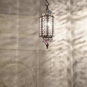 B150 Artisan-Made Moroccan Brass Hanging Antique Lamp with Decorative Glass Gems