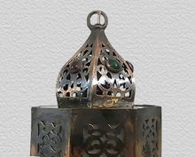 Load image into Gallery viewer, B150 Artisan-Made Moroccan Brass Hanging Antique Lamp with Decorative Glass Gems