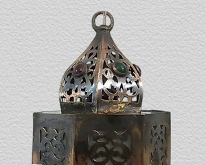 B150 Artisan-Made Moroccan Brass Hanging Antique Lamp with Decorative Glass Gems