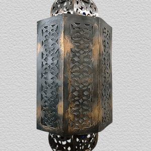 B150 Artisan-Made Moroccan Brass Hanging Antique Lamp with Decorative Glass Gems