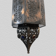 Load image into Gallery viewer, B150 Artisan-Made Moroccan Brass Hanging Antique Lamp with Decorative Glass Gems