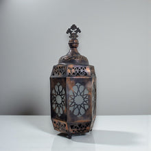 Load image into Gallery viewer, B171 Antique-Finish Hexagonal Moroccan Brass Table Lamp — Stained Glass Panels