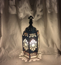 Load image into Gallery viewer, B171 Antique-Finish Hexagonal Moroccan Brass Table Lamp — Stained Glass Panels
