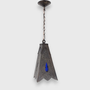 B199 Islamic Brass Pendant Lamp — Square Pyramidal Openwork with Colored Glass
