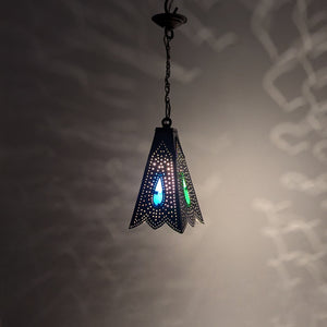 B199 Islamic Brass Pendant Lamp — Square Pyramidal Openwork with Colored Glass