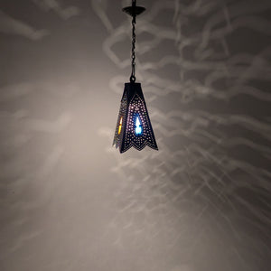 B199 Islamic Brass Pendant Lamp — Square Pyramidal Openwork with Colored Glass