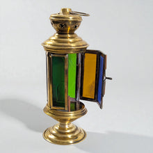 Load image into Gallery viewer, B204 Hexagonal Brass Tealight Lantern on Pedestal Blue/Green/Amber Glass Panels