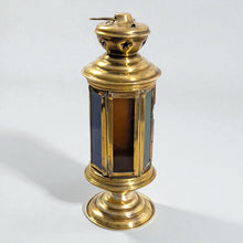 Load image into Gallery viewer, B204 Hexagonal Brass Tealight Lantern on Pedestal Blue/Green/Amber Glass Panels