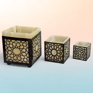 B210 Alabaster & Brass Moroccan Votive LED Candle Holders Nested Tea-Light Set