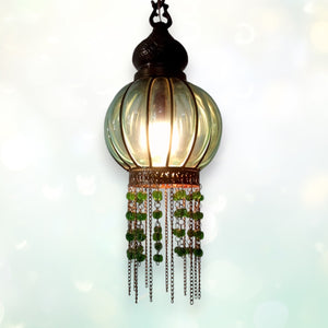B291 Handmade Green Glass & Brass Hanging Lantern | Mouth Blown | Wrought Iron Skeleton | 18" Tall