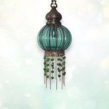 Load image into Gallery viewer, B291 Handmade Green Glass &amp; Brass Hanging Lantern | Mouth Blown | Wrought Iron Skeleton | 18&quot; Tall