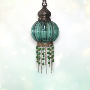 B291 Handmade Green Glass & Brass Hanging Lantern | Mouth Blown | Wrought Iron Skeleton | 18" Tall