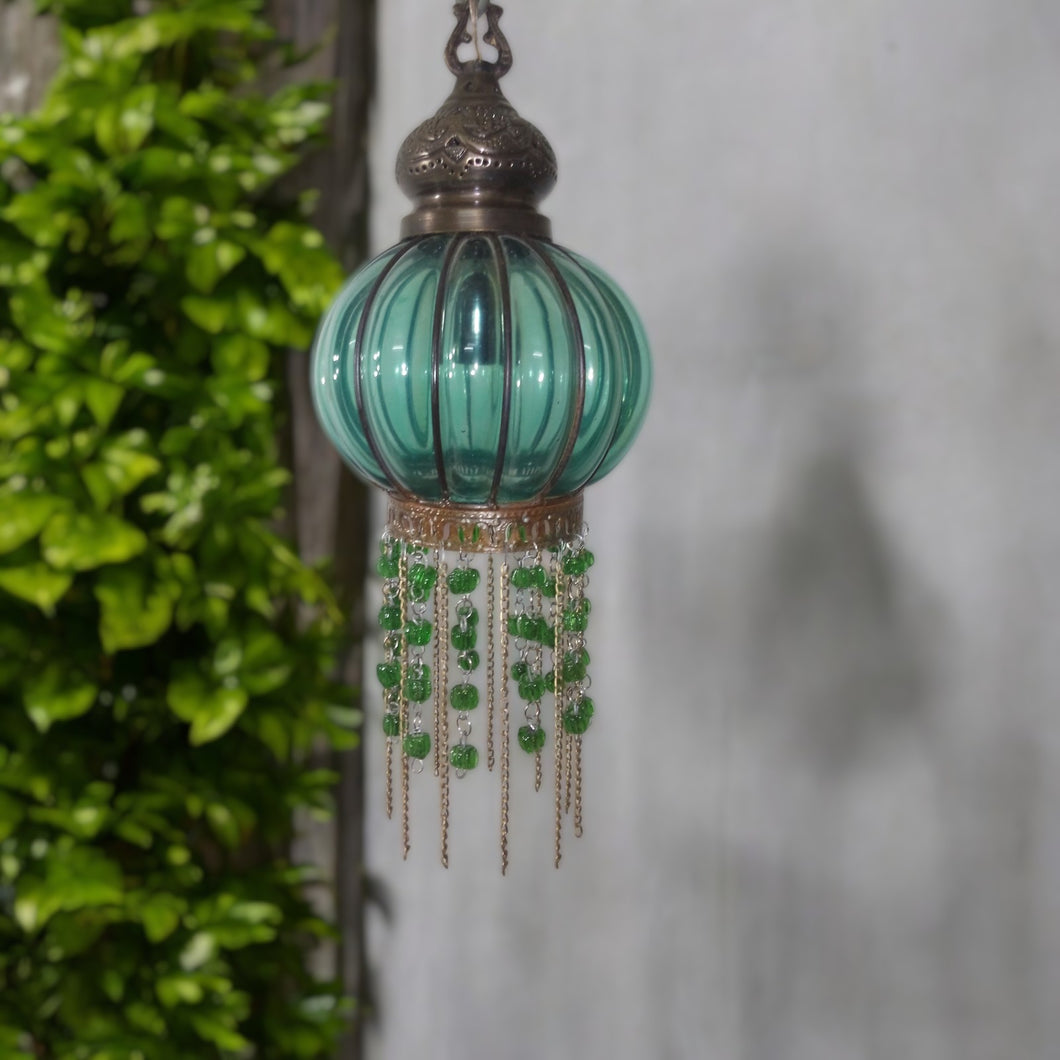 B291 Handmade Green Glass & Brass Hanging Lantern | Mouth Blown | Wrought Iron Skeleton | 18