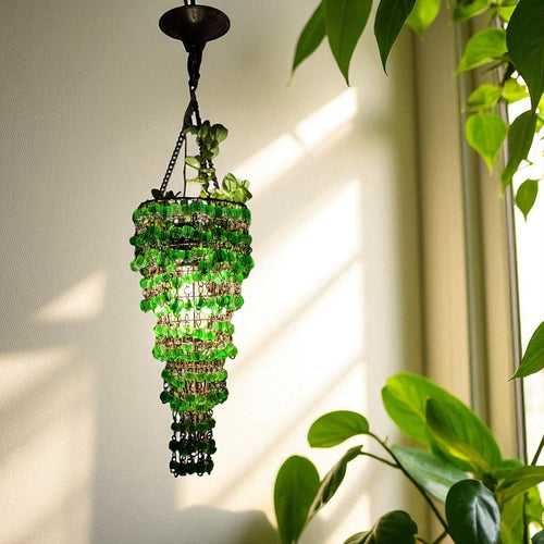 B304 Green Glass-Bead Cone gypsy Chandelier Beaded Hanging Pendant plant lovers