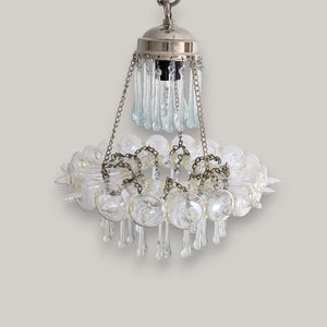 B305 Mid-Century Vintage Glass Teardrops Silver Pendant Chandelier Crystal Look