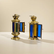 Load image into Gallery viewer, B307 Pair of 2 Handcrafted Stained Glass Candle/LED Lamps (Blue / Amber / Green)