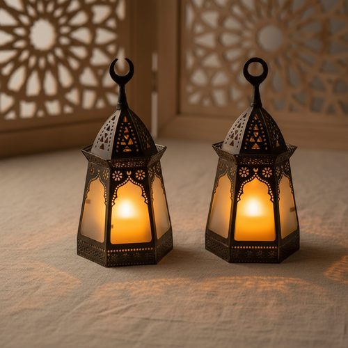 B89 Set of 2 Moroccan Brass Mini Lanterns Hexagonal Frosted-Glass Candle Holders