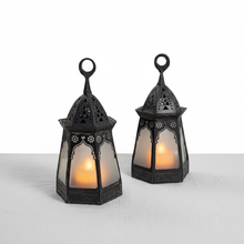 Load image into Gallery viewer, B89 Set of 2 Moroccan Brass Mini Lanterns Hexagonal Frosted-Glass Candle Holders