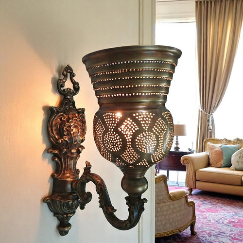 BM4 Handcrafted Brass Wall Sconce – Ornate Bell-Shaped Vintage Wall Light – Egyptian Pierced Arm Fixture