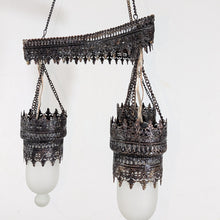 Load image into Gallery viewer, BR135 White Glass Triple Shades Chandelier Ornate Metal Filigree Vintage Look