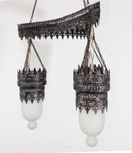 Load image into Gallery viewer, BR135 White Glass Triple Shades Chandelier Ornate Metal Filigree Vintage Look