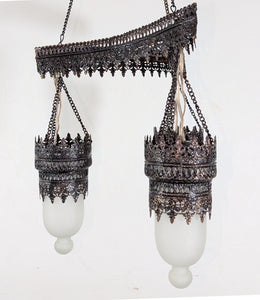 BR135 White Glass Triple Shades Chandelier Ornate Metal Filigree Vintage Look