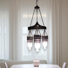Load image into Gallery viewer, BR135 White Glass Triple Shades Chandelier Ornate Metal Filigree Vintage Look