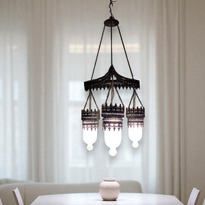 BR135 White Glass Triple Shades Chandelier Ornate Metal Filigree Vintage Look