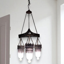 Load image into Gallery viewer, BR135 White Glass Triple Shades Chandelier Ornate Metal Filigree Vintage Look