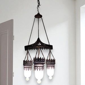 BR135 White Glass Triple Shades Chandelier Ornate Metal Filigree Vintage Look