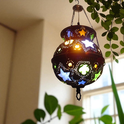 BR205 Handcrafted Moroccan Brass Pendant Lamp Pierced Filigree Boho Star Lantern