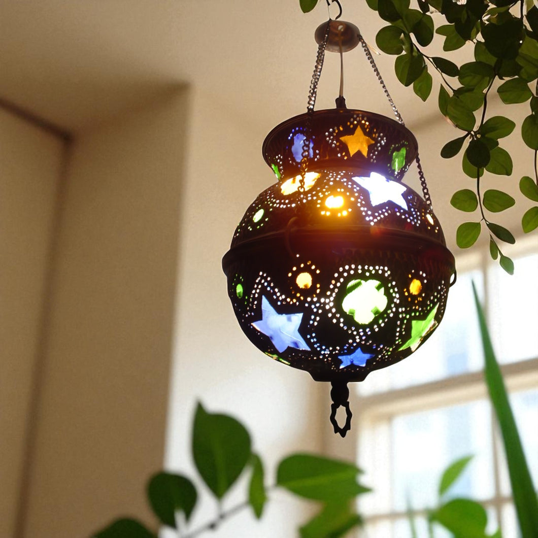 BR205 Handcrafted Moroccan Brass Pendant Lamp Pierced Filigree Boho Star Lantern