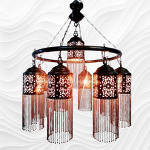 Load image into Gallery viewer, BR372 Artisan Moroccan Chandelier – Hand-Etched Brass &amp; Chain Drape